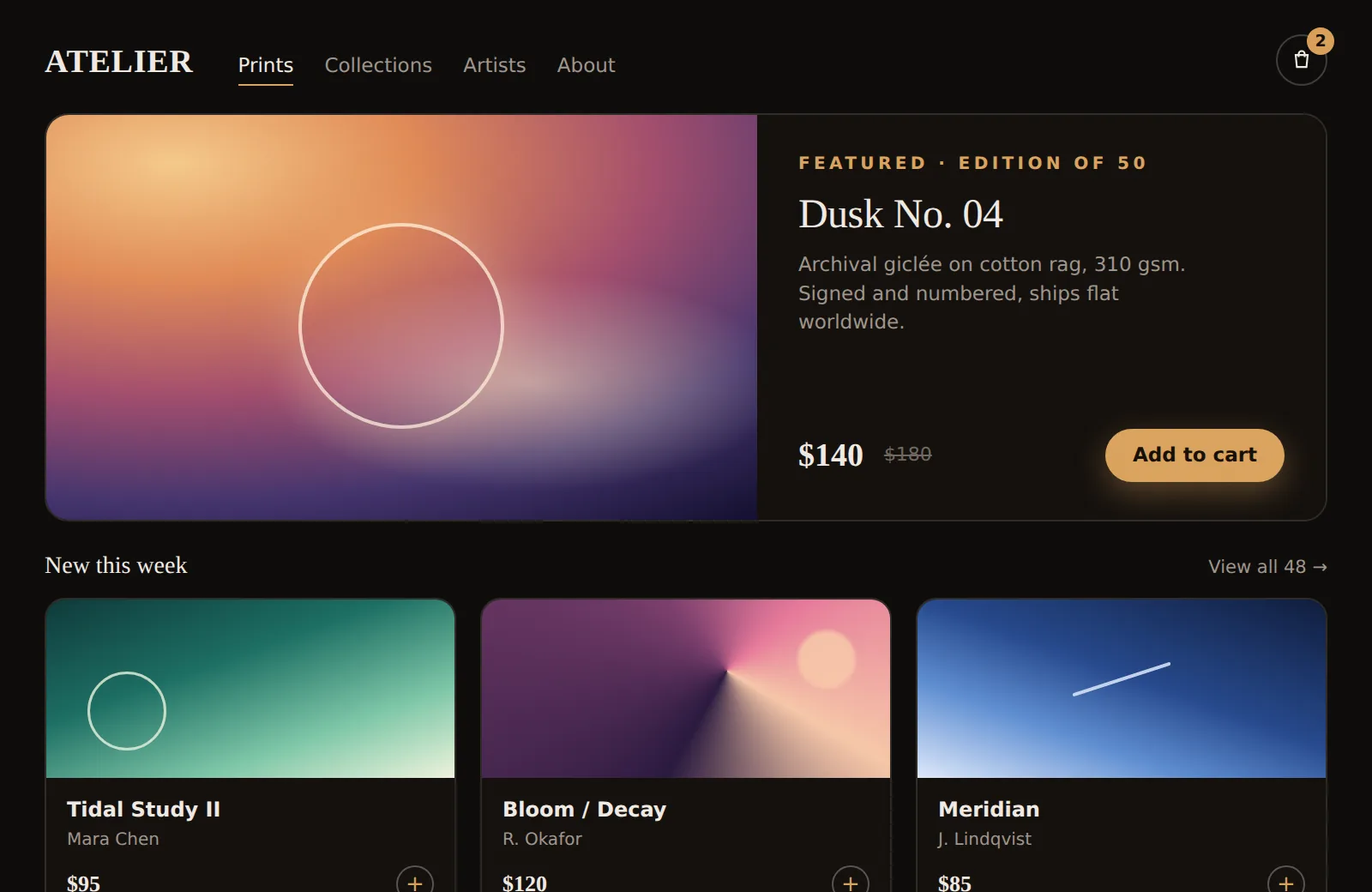 Storefronts app built on Forge — "A storefront for my art prints with a cart and checkout."
